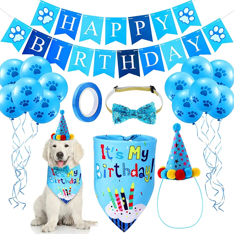 

Dog Charming Bandana Happy Birthday Banner Paw Print Ballons Bowtie and Hat for Dog Birthday Party Supplies