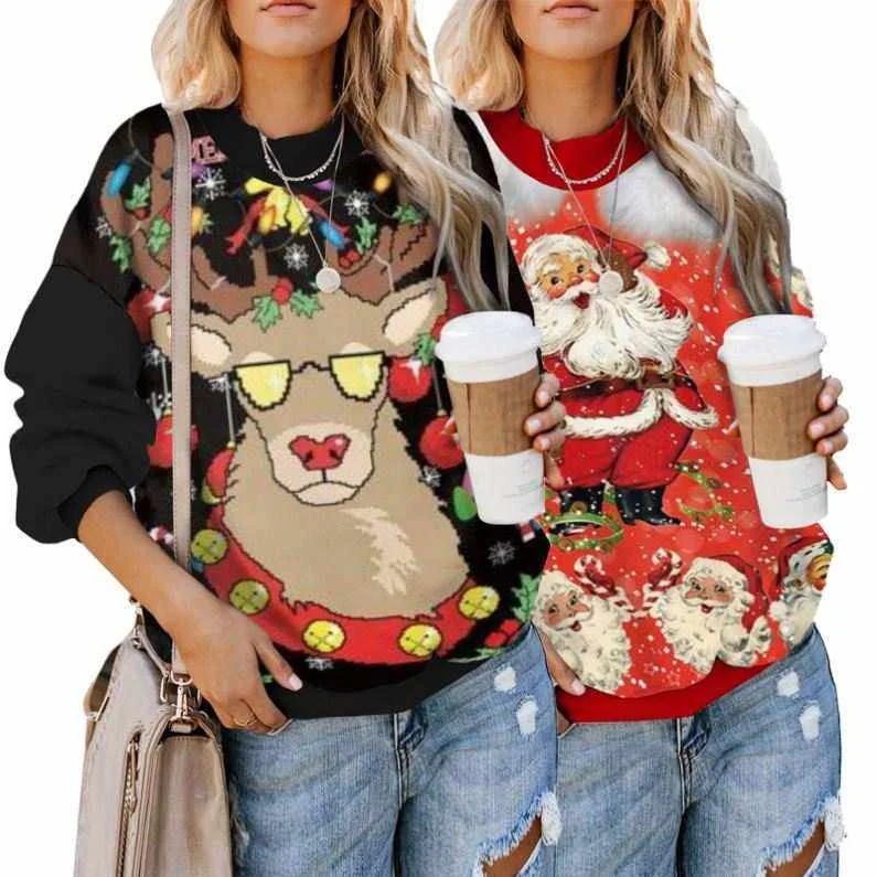 

Long Sleeve Merry Christmas Reindeer Women Cartoon Print Sweatshirt