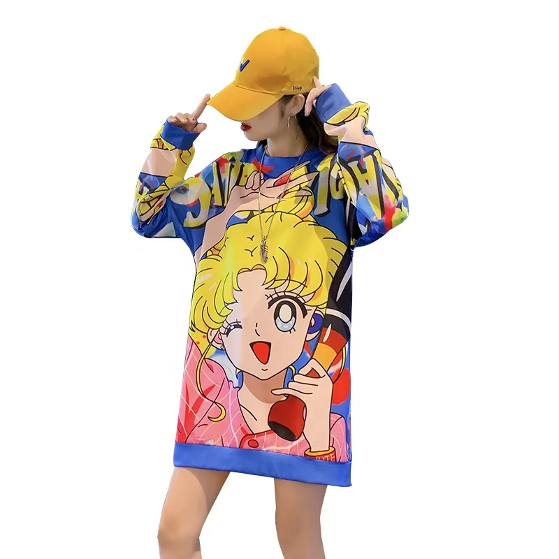 

2021 fashion top Colorful anime figures printing crewneck sweatshirt Casual oversiz dress breathable ladies' blouses
