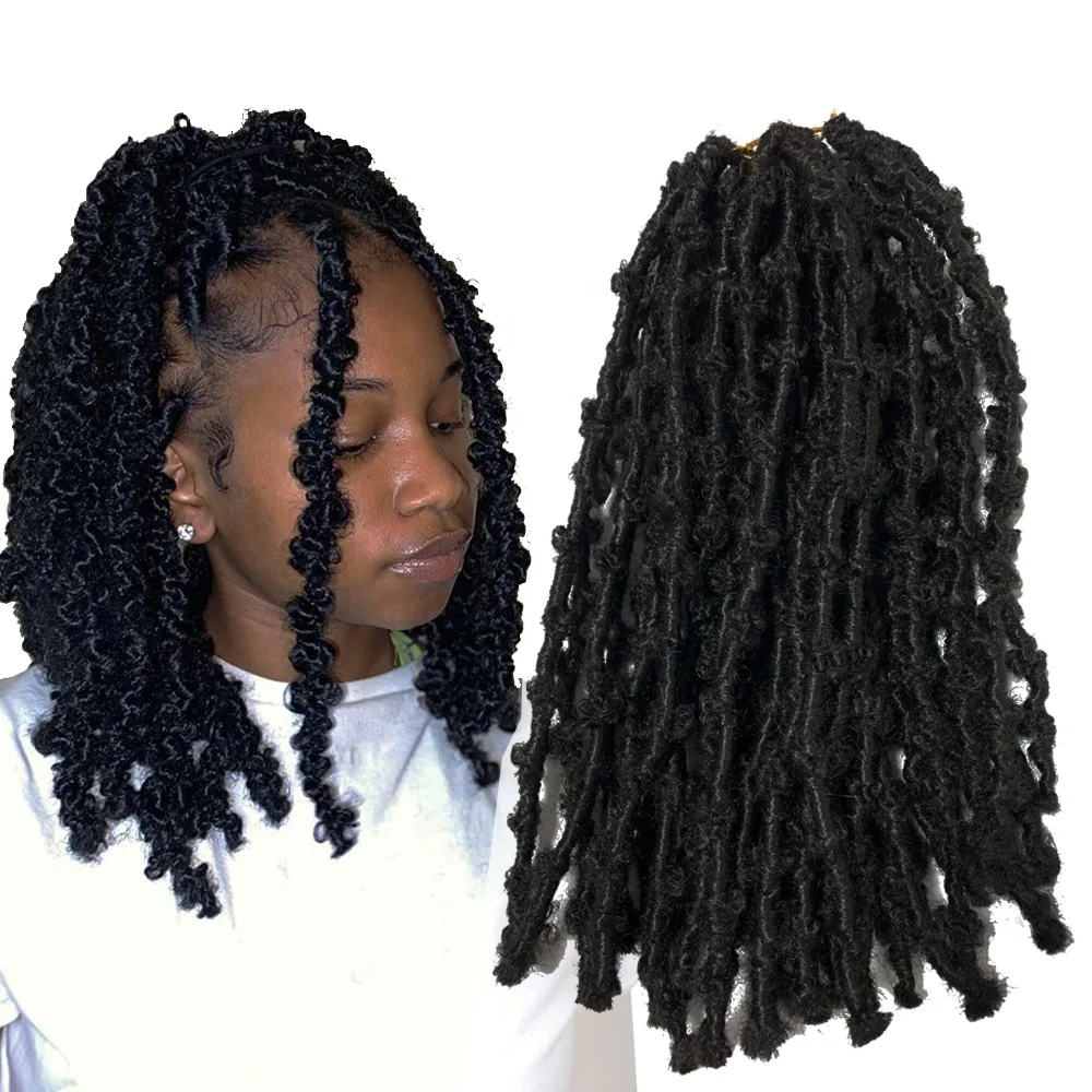 

Wholesale 12inch Synthetic Butterfly Locs Hair Pre Looped Braiding Distressed Locs Crochet Hair Dread Hard Butterfly Locs Hair, Black color (accepted customerized)