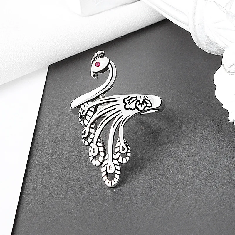 

Personality Hollow Peacock Ring For Women Trendy Vintage Thai Silver Rings Creative Open Size Phoenix Finger Jewelry