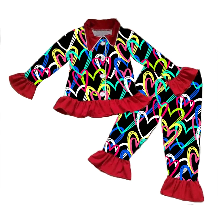 

wholesale girl's Pajamas Heart Printing Ruffle Long Sleeve Two Piece Girls Valentine's family pajamas set
