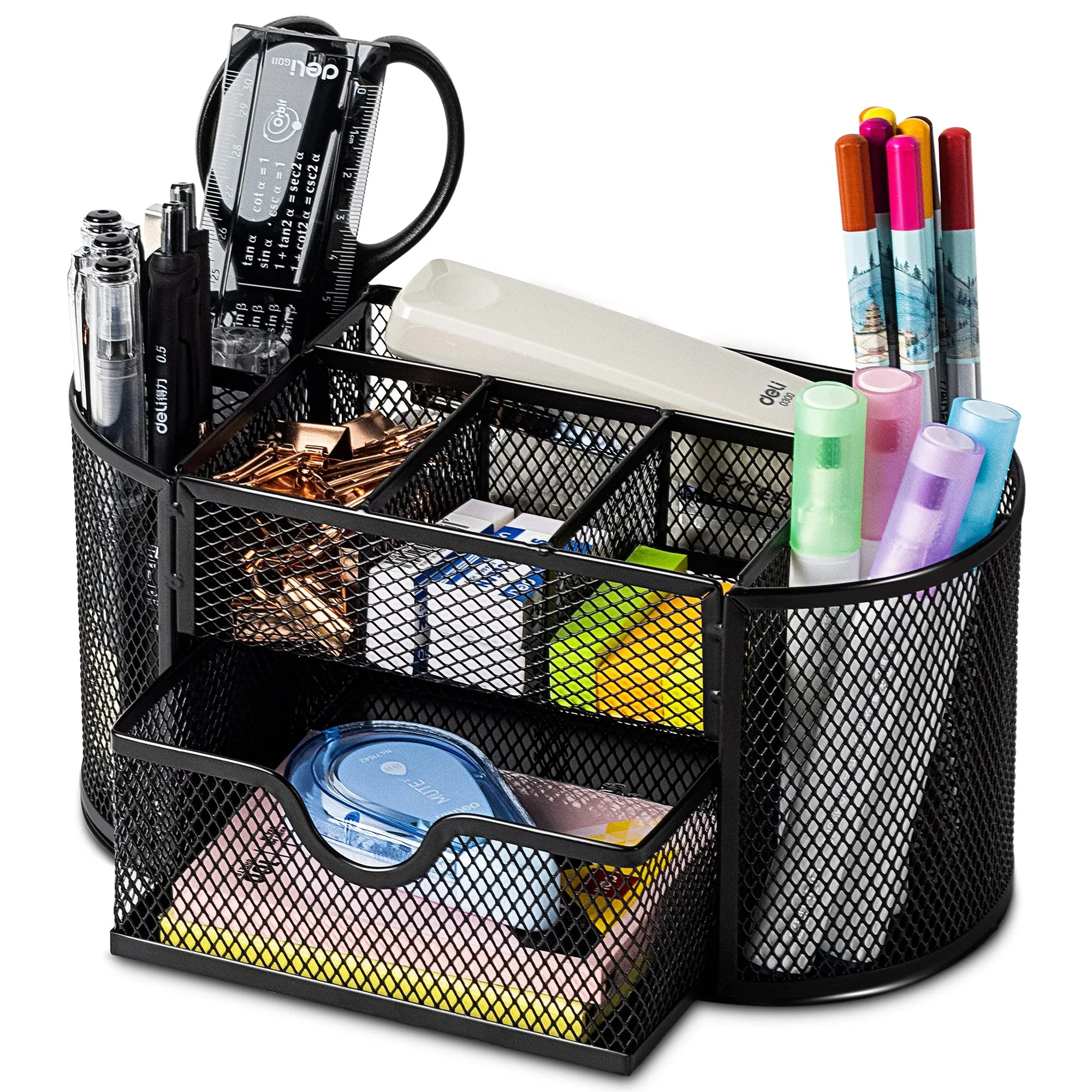 

Office Supplies Wire Metal Multifunctional Desktop Organizer Holder with 6 Compartments and 1 Drawer Mesh Desk Organizer