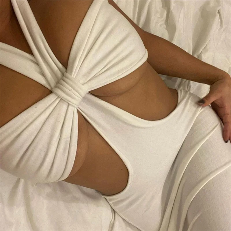 

Hollow Out Ribbed Solid Neck-mounted Women Maxi Dress 2021 New Fashion Summer Sleeveless Elastic Waist Partywear Skirts