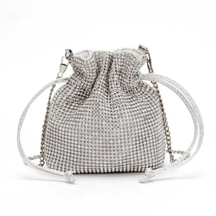 

New Fashion Drawstring Shoulder Bag Bling Small Bucket Shape Mini Crystal Women Diamond Bags Shoulder Bags Ladies Women, Silver and black