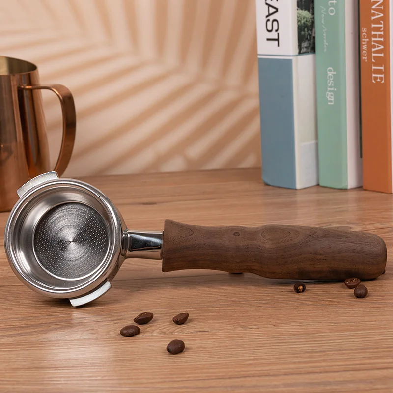 

Barista Accessories Walnut Wood Handle Stainless Steel 2 Ears  Coffee Bottomless Portafilter for Nouva