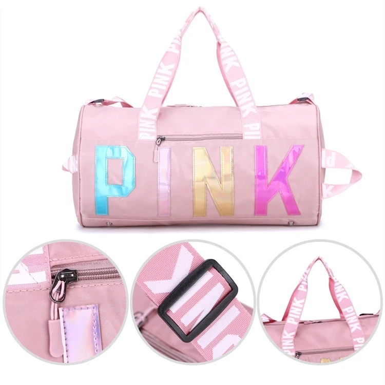 

2021 Wholesale custom fashion logo sport gym women mens waterproof travel bag pink duffle bag, Customized