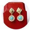Unique concave convex design irregular geometric shape 14K gold plated natural freshwater pearls and turquoise earring