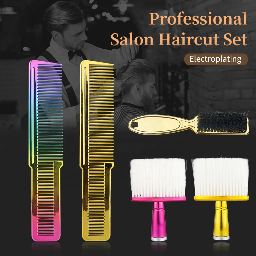 

Pro Gold Handle Neck Duster Brush Hair Cutting Tools Plating Rainbow Hair Combs Brush Kit Clipper Men Haircut Set for Barber, Rainbow,gold ,pink ,silver