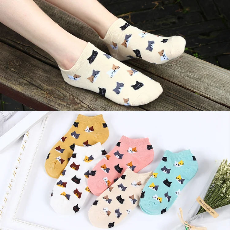 

Women cotton socks Fashion Female Short Kitten Colorful Tube Art Casual Cute Cat Socks For Girls, Pink,green,yellow,white,