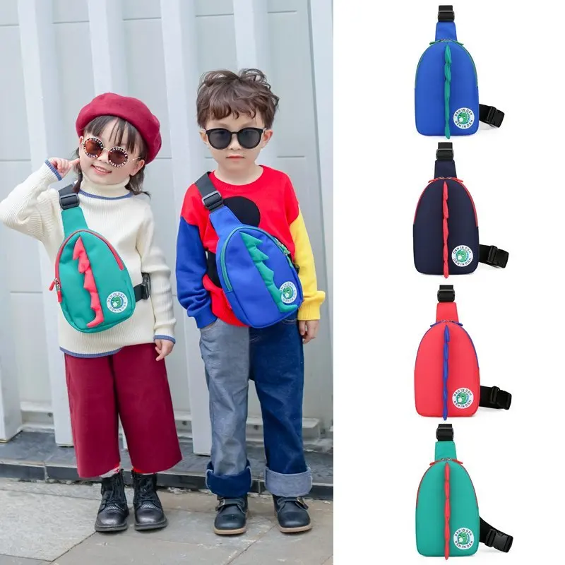 

Kindergarten cute children crossbody shoulder bag lovely cartoon dinosaur style school kids chest sling bag for boys gilrs, 4 colors or customized