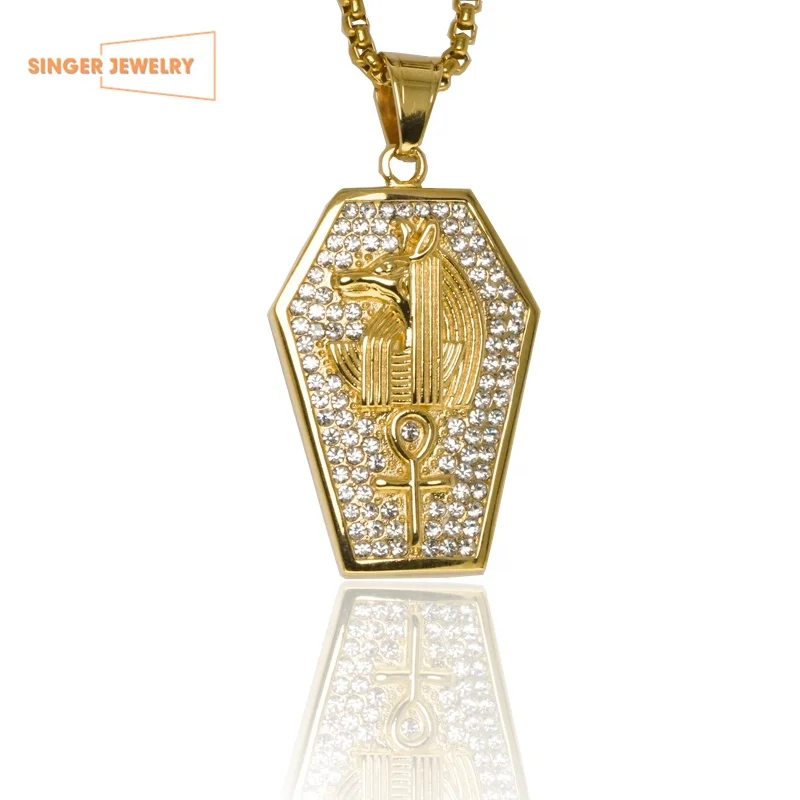 Gold Ankh Cross Anubis Pendant Necklace Stainless Steel Jewelry