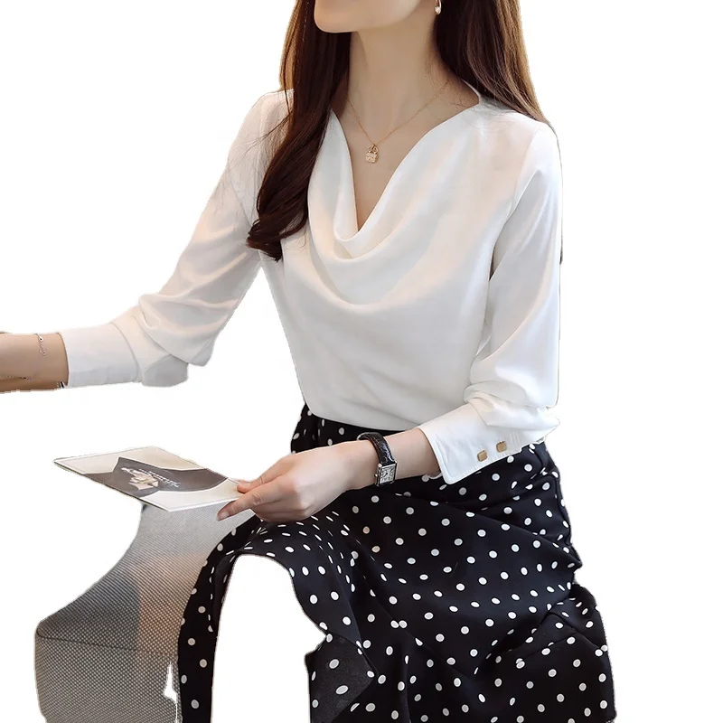 

Women's Fashion Top 2021 new spring and autumn loose pile collar Long Sleeve Socket head shirt women's Satin shirt in stock