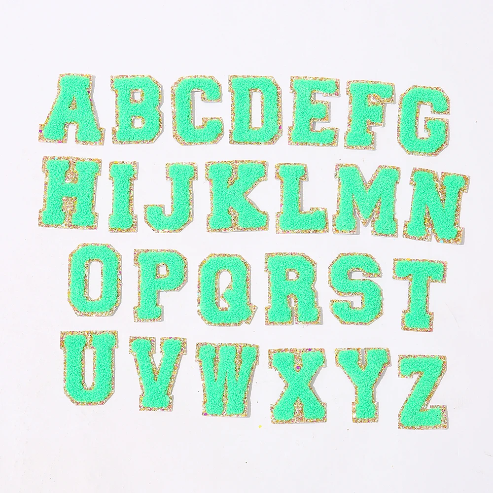 

Stock Neon Green with Gold Border English Letter A-Z Iron On Adhesive Repair Alphabet Sewing Appliques Clothing Chenille Patch, Pink, white, blue, mint, purple, neon pink, neon orange, yellow, black