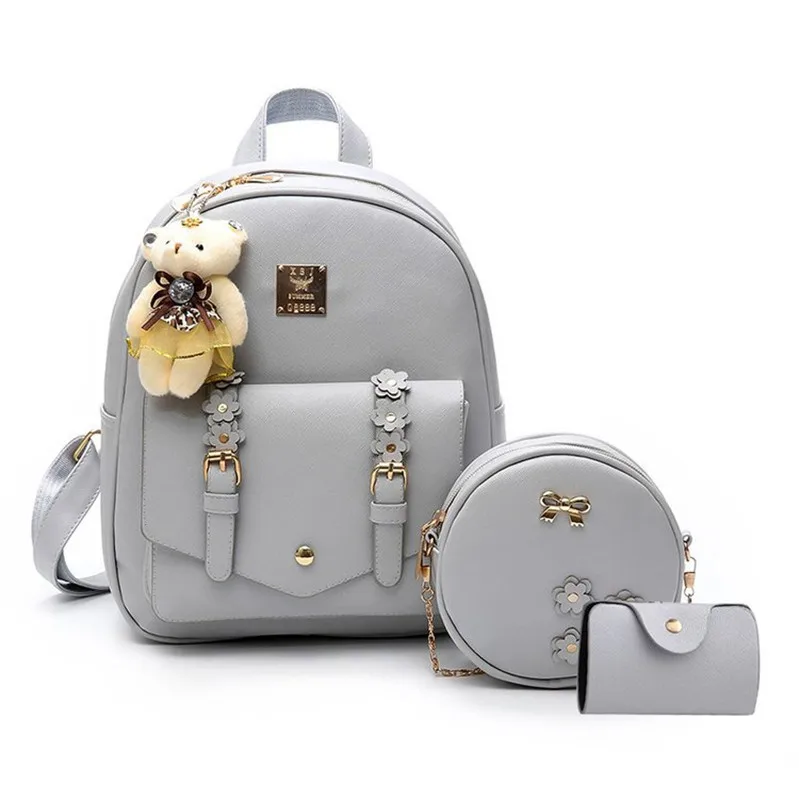 

Stock Solid Color Flower Hasp Three-Piece Set Lady Backpack, Black/gray/pink/beige