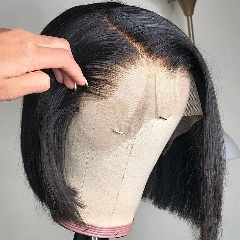 

Wholesale price mink brazilian hair short remy natural black human hair lace front wigs preplucked straight bob wig