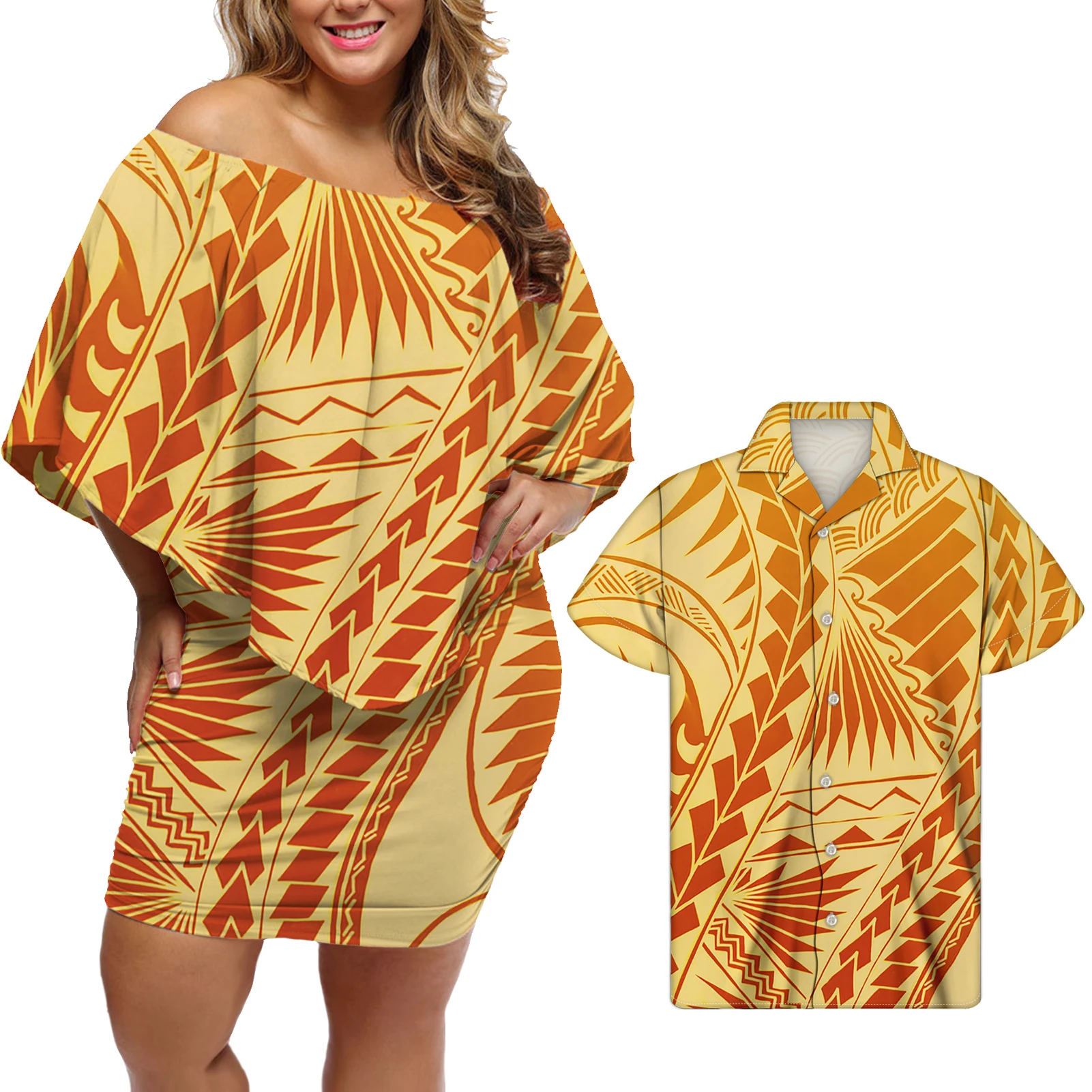 

2021 Summer Dress Matching Men Shirt Polynesian Tribal Print Luxury Gold Dress Elegant Custom Plus Size Ruffle Dress, Customized color