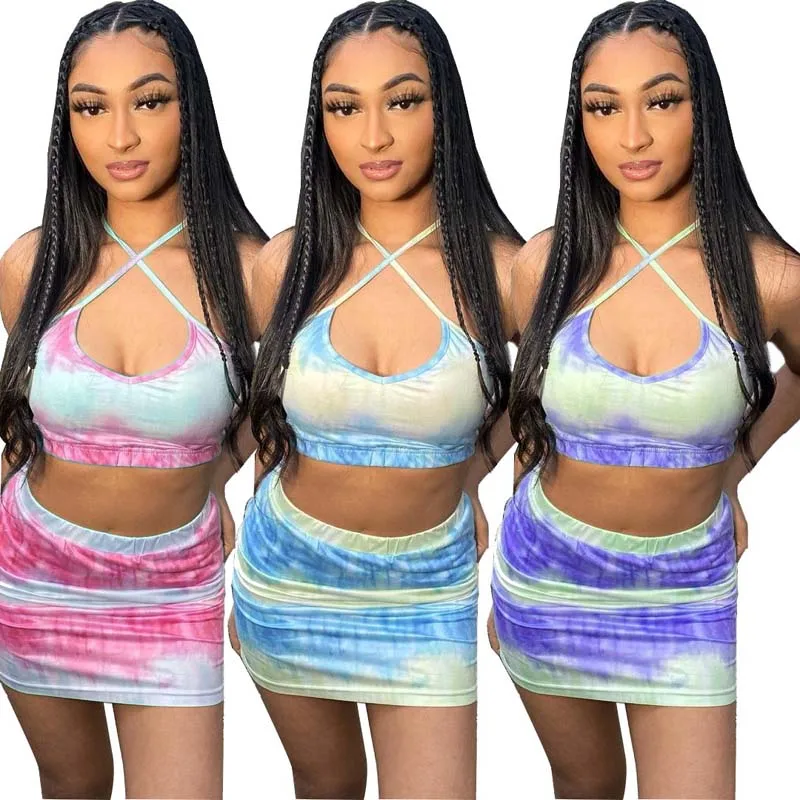 

Summer Cross Vest Short Skirt Set Casual Gradient 2 Piece Set Women Tie Dye Print Clothing Set, Pink/purple/blue