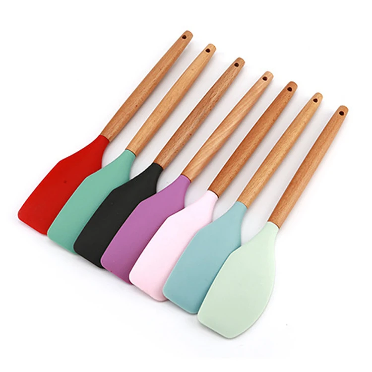 

T119 Non-Stick Silica Cake BBQ Heat Resistant Flexible Scraping Baking Tools Wooden Handle Silicone Cream Cake Spatula, 7 colors