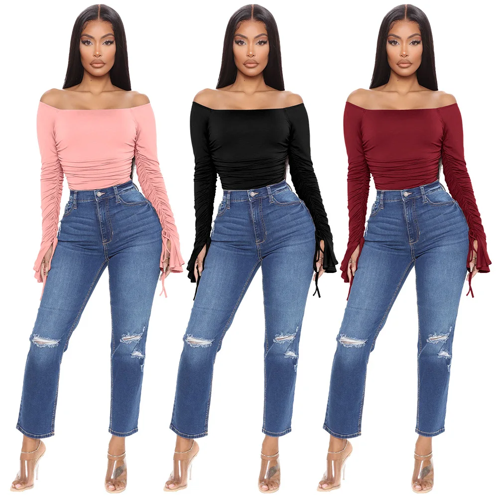

2022 trendy H8673 - fashion sexy off shoulder solid color women bodysuit