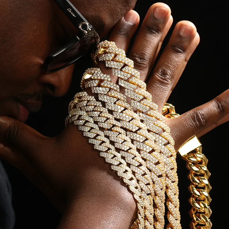 

Hip Hop 18K Gold Plated Copper Necklace Bracelet Mixed Miami Cuban Chain Diamond Cuban Link Chain Men, Gold silver