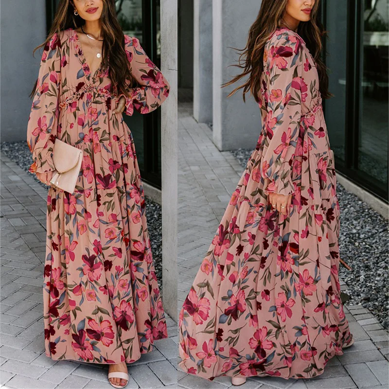 

2021 Spring Fashion High Quality Women Floral Print Ruffle Tiered Maxi Dress