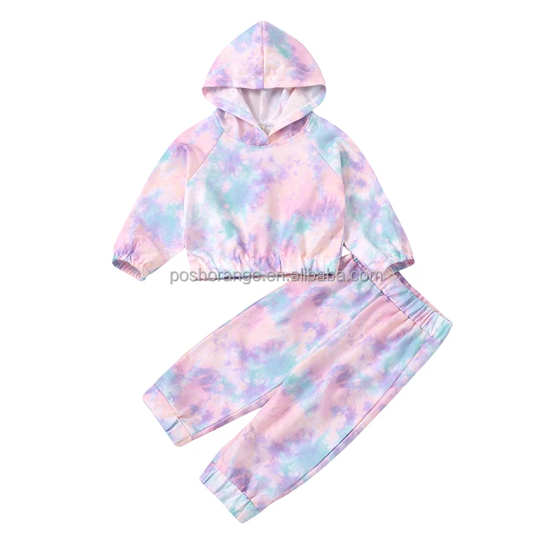 

Wholesale tie dye long sleeve spring children clothes girls sportswear hooded outfit sets, As picture show