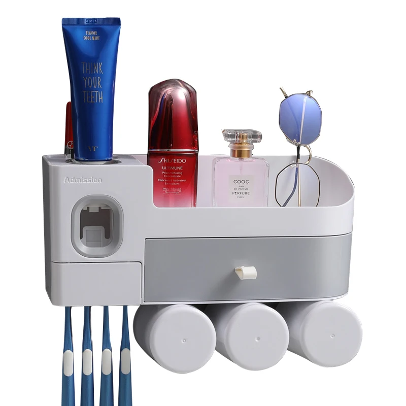 

New Arrival No drilling Wall Mount Toothbrush Holder Automatic Toothpaste Dispenser With Storage Rack for Bathroom