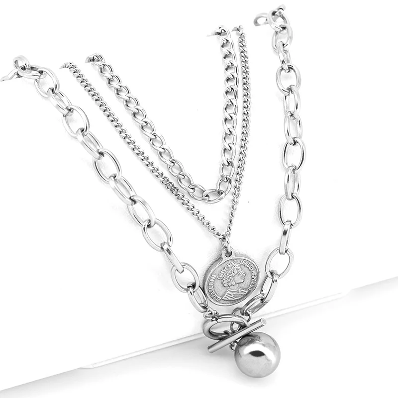 

Stainless Steel Women Jewelry Fashion Western Coin Necklace Chain Woman Egyptian Head Charm Necklace With Toggle Closure, Silver;gold