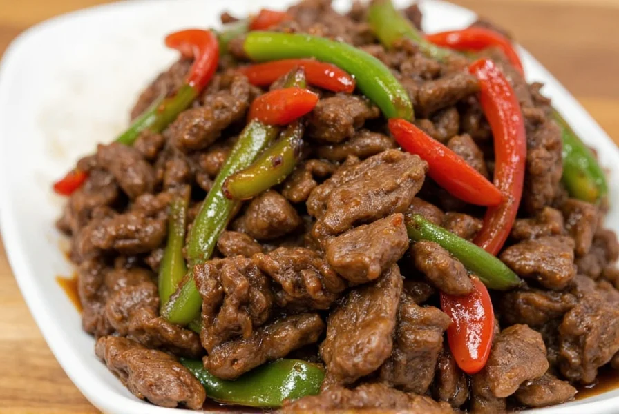 Perfectly seared black pepper beef strips with visible cracked black peppercorns, garlic, and ginger in a traditional wok