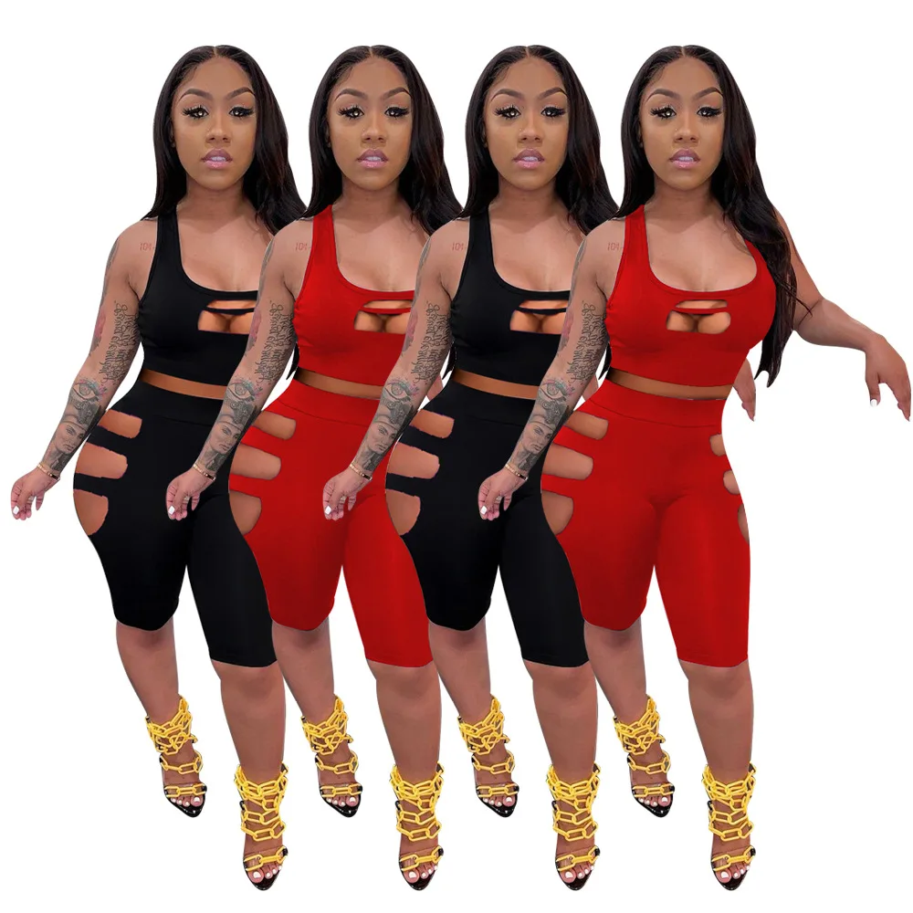 

Hot Sale Solid color Casual Summer fashion women's casual puncture solid color two-piece set