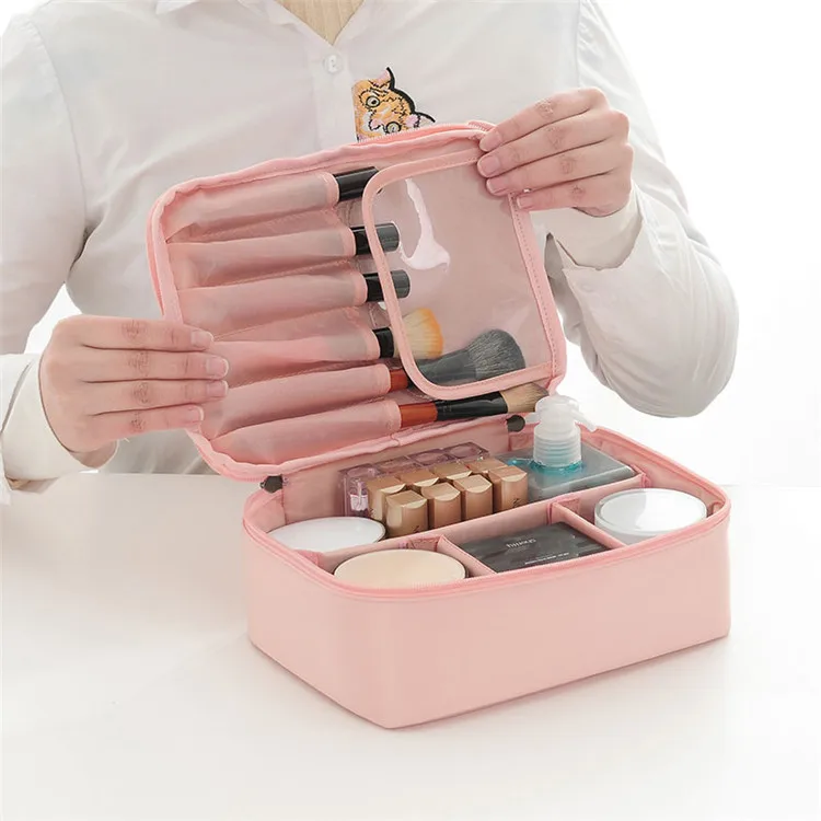 

Portable Travel Makeup Cosmetic Storage Case Organizer Bag With Brush Holders For Women And Girls, Multi colors