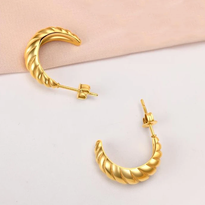 

IVRAPRO Fashion Earrings Titanium Steel 18K Gold Plated Round Hoop Earrings Chunky French Twisted Croissant Earrings