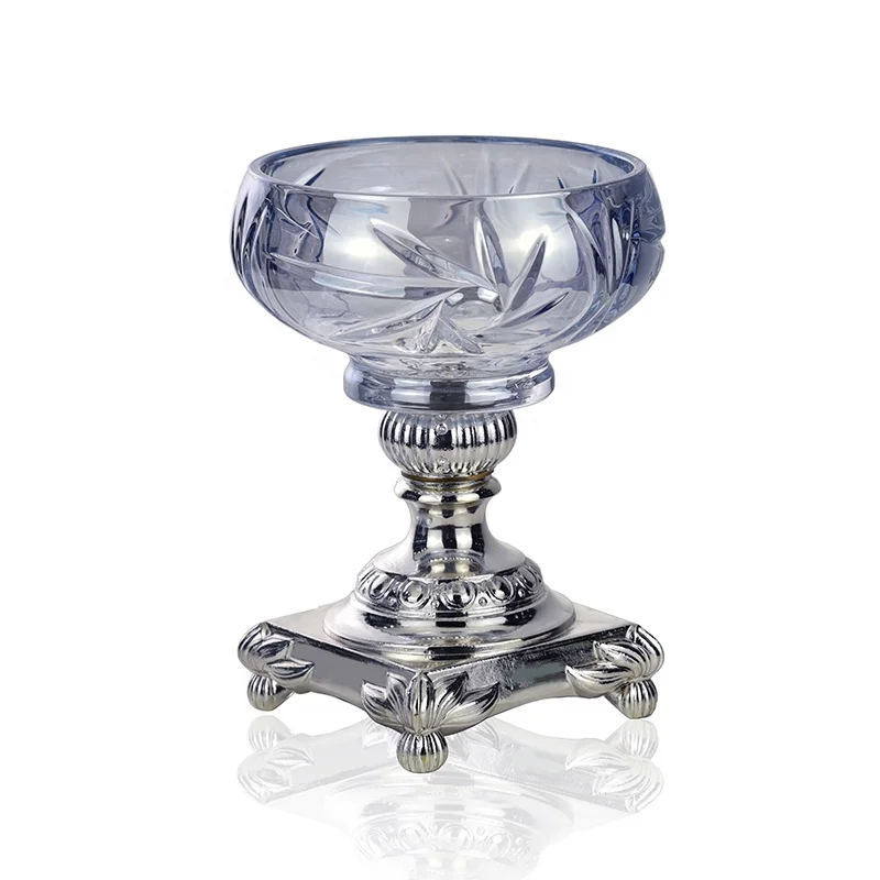 

Electroplated crystal glass candy jar sugar bowl with Silver metal base stand, Blue