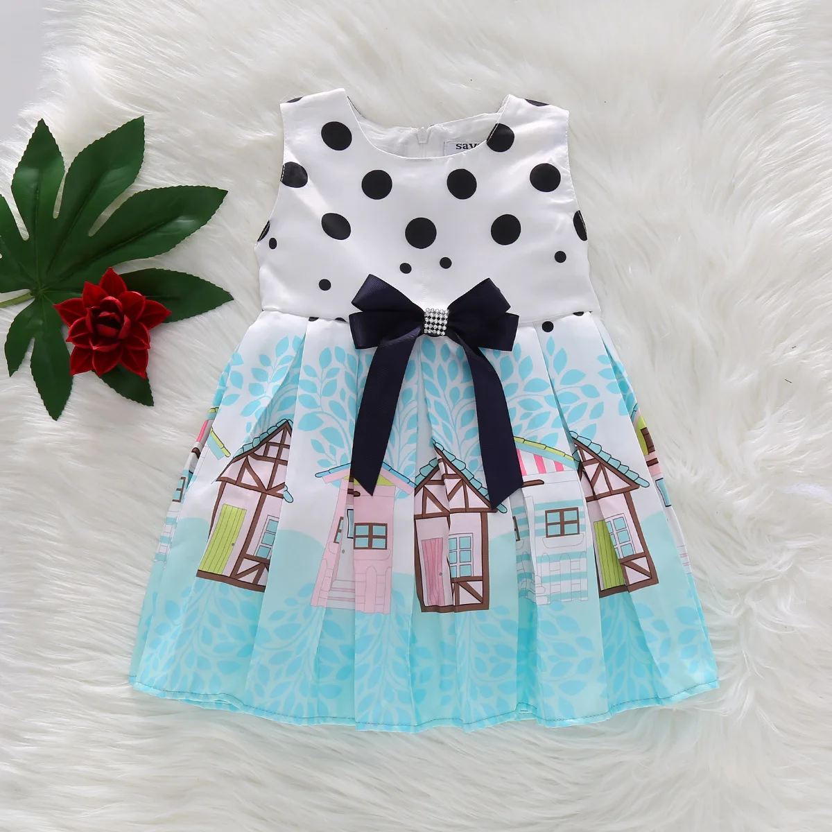 

Wholesale Girls Cartoon Polka Dot Print Bowknot Princess Dress