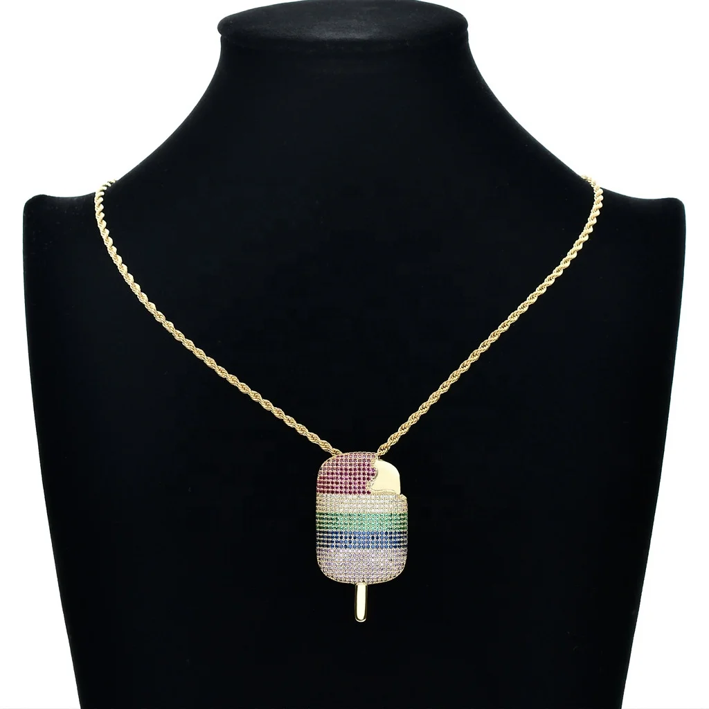 

Bling Ice Cream Pendant Micro Paved Multicolor Cubic Zircon Chain Necklace Mens Iced Out Hip Hop Rock Gold Plated Jewelry, White gold, gold