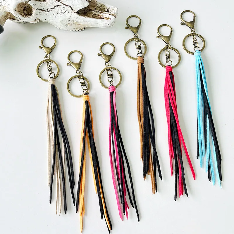 

Vintage Long Leather Tassel Keychain Western Spell Color Leather Rope Bag Pendant Keychain Jewelry Wholesale