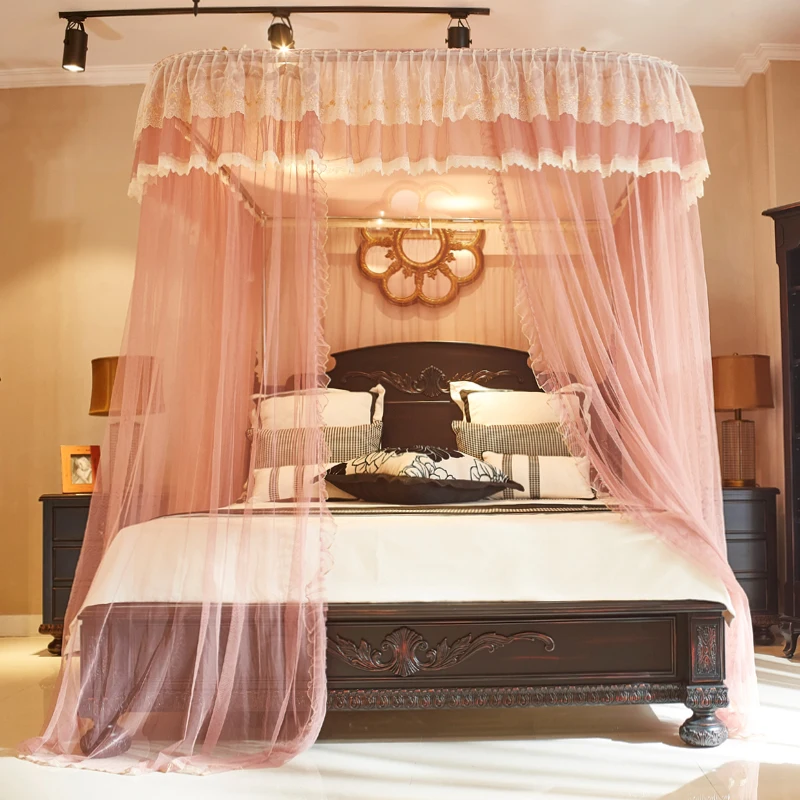 Fashable Double Bed Romantic Square Guide Rail Lace Embroidery Adult Baby Mosquito Net