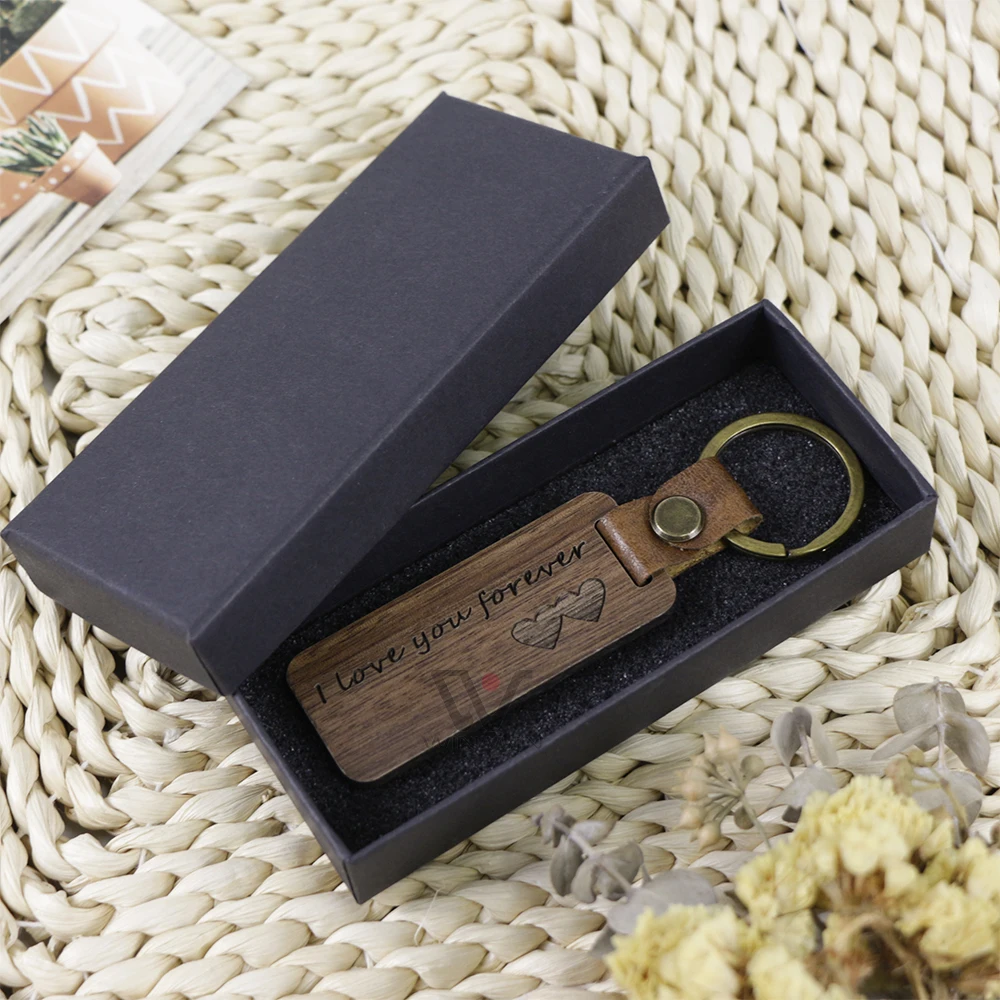 

Luxury Wooden Blank Metal Keyrings With Gifts Box Custom Engrave Wood Pu Leather Promotion Keychain