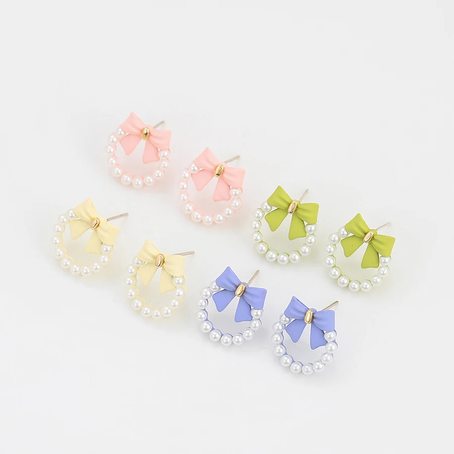 

E 2171 xuping Pink color design earrings feminine temperament pearl bow earrings retro earrings