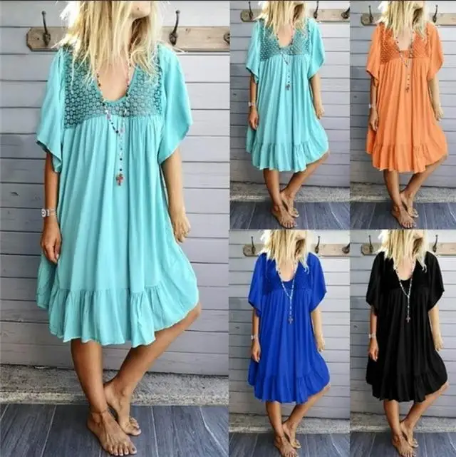 

2021 Hot Sale Crew Neck Lace Pleated Dress Women Dress, Picture color