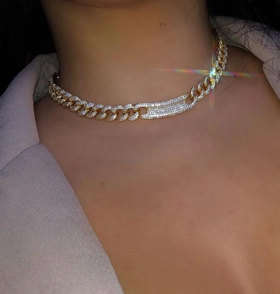 

iced out bling silver 18k gold plated cz cuban link chain bar charm choker necklace, Rose gold