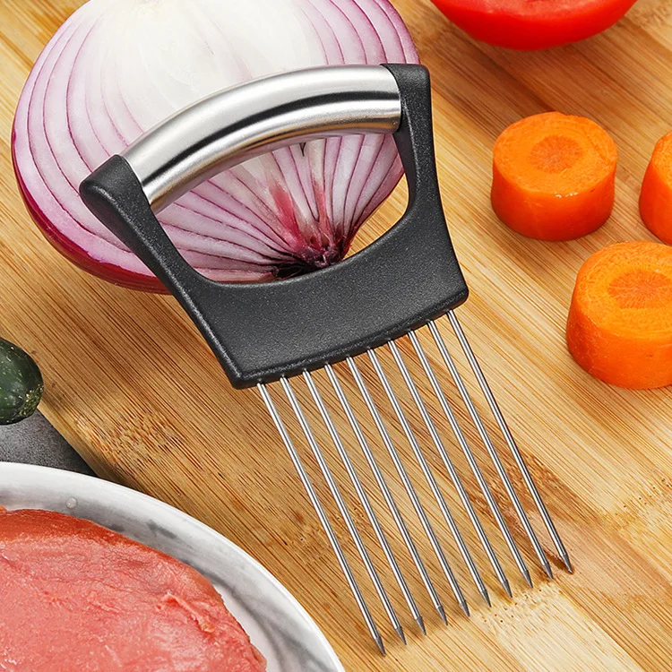 

Amazon Hot Sell Food Grade Onion Holder Slicer Slicing Tomato Potato Tool Stainless Steel Onion Cutter, Black
