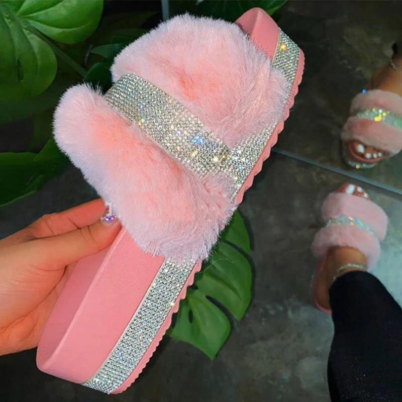 

Faux fur women shoes platform slides rhinestone plush thick sole bling slippers outdoor lady sandals