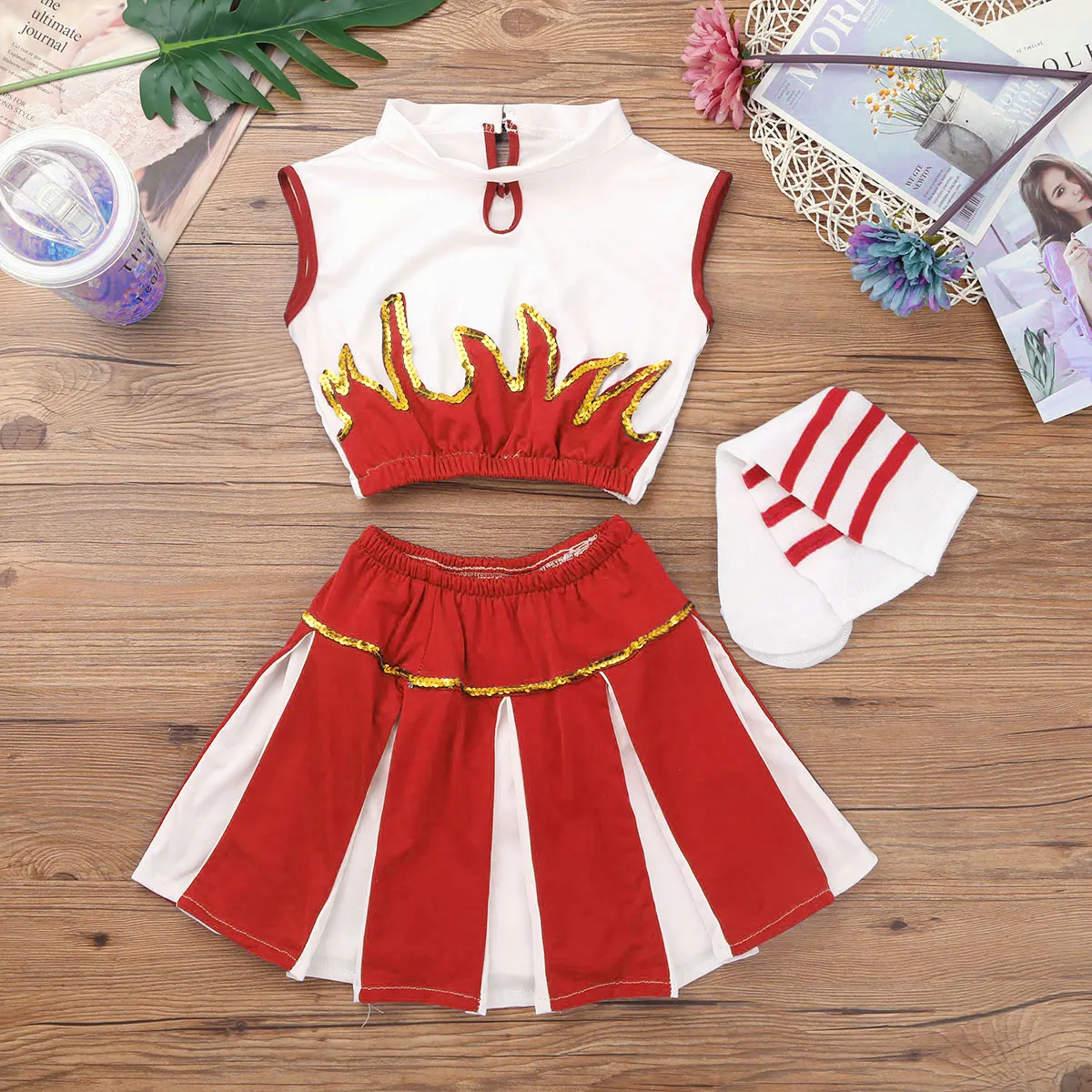 Alvivi Kids Girls 3PCS Cheerleading Costume Halloween Cosplay Uniform Teamwear Outfit Top with Skirt Sock Set 