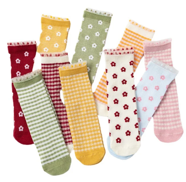 

Knee Socks Checked Flower Lace Baby Kids Tube Socks for Children and Mommy TD FS047-048