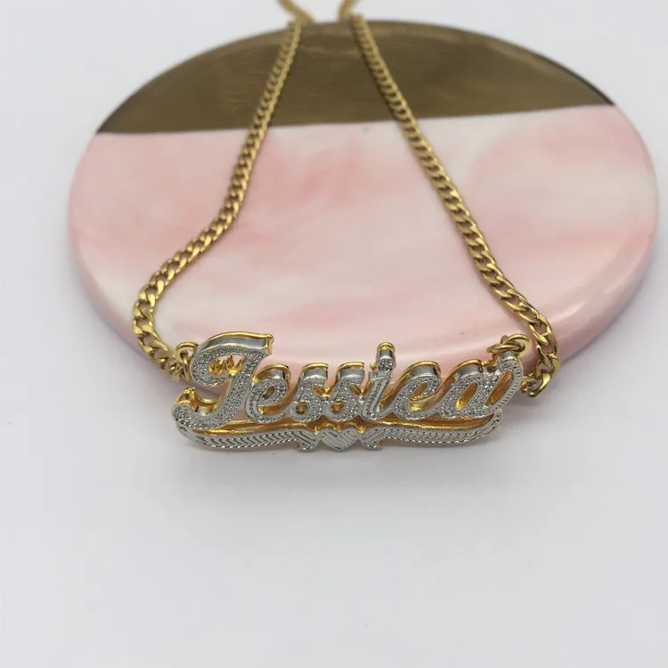 

Best Selling Products Brass Metal Two Tone 18K Gold And Silver 3D Custom Name Plate Necklace Personalized For Gifts, Picture