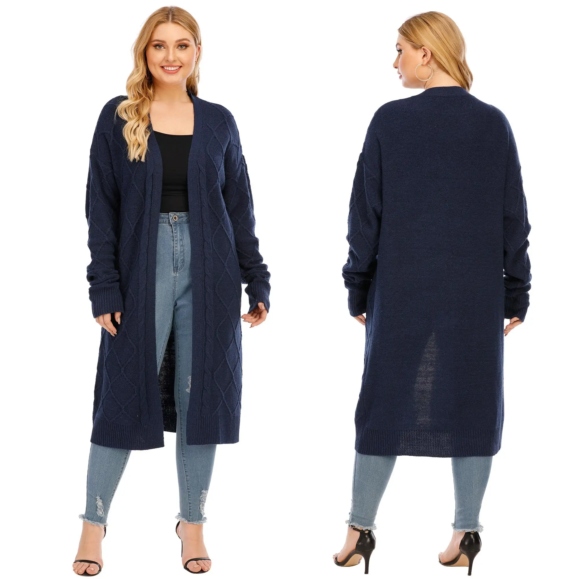 

Hot-selling long twist cardigan women's sweater sweater coat, Dark blue