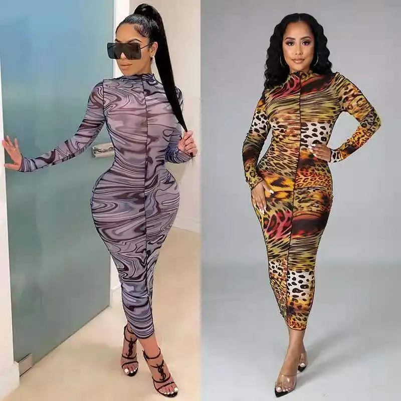 

Women's 2020 autumn new European and American fashion sexy printed mesh dress