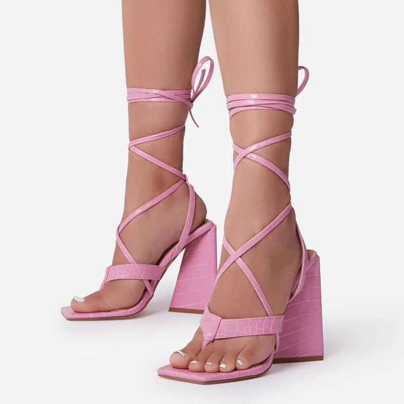 

2022 New Pink Women Sandals Summer Fashion Cross-Tied Strange High Heels Shoes Sexy Square Toe Lace Up Party Pumps Woman